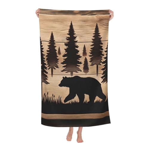 Rustic Bear Beach Towel, 32x52in Microfiber Quick Dry Gold Pine Forest Woodcut Silhouette Nature Bath Towels, Soft Lightweight Oversized Sand Free, for Travel Pool Swimming Gym Decor, Gifts - color: Bear