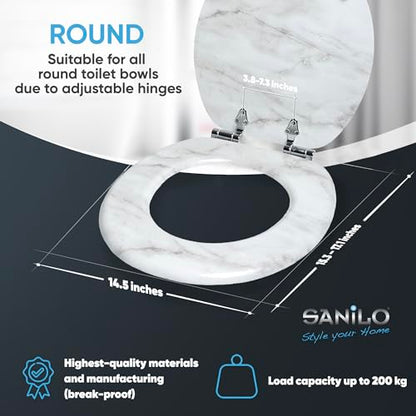 SANILO Wooden Toilet Seat with Soft Close [ROUND] - Decorative, Quiet & Slow Close Molded Wood Seat - With Strong Bumpers & Hinges - Adjustable Fit – Marble - color: Marble