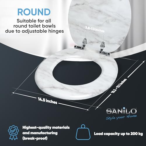 SANILO Wooden Toilet Seat with Soft Close [ROUND] - Decorative, Quiet & Slow Close Molded Wood Seat - With Strong Bumpers & Hinges - Adjustable Fit – Marble - color: Marble