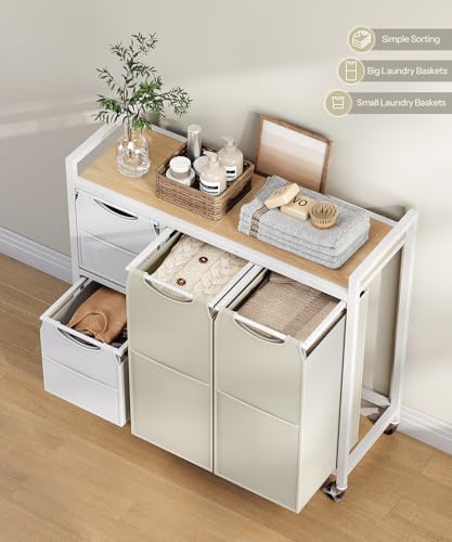 HOOBRO Laundry Sorter with 4 Section, 34 Gal. (127 L) Laundry Hamper with Wheels, Rolling Laundry Basket with Shelves, Pull-Out Detachable Bags, Side Pockets, White, Natural and Beige WNE14XY01N1 - color: White + Natural + Beige