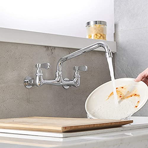 Wall Mount Kitchen Faucet with 10 Inch Swivel Spout, Chrome | Lead-Free Brass,8 Inches Center,Dual Handle Hot & Cold Mixer, Commercial Faucet for Restaurant/Laundry/Utility Sinks - size: 10 Inch