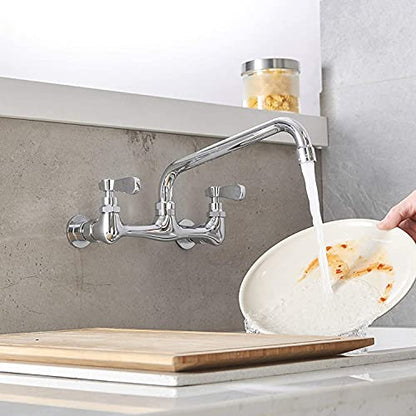 Wall Mount Kitchen Faucet with 10 Inch Swivel Spout, Chrome | Lead-Free Brass,8 Inches Center,Dual Handle Hot & Cold Mixer, Commercial Faucet for Restaurant/Laundry/Utility Sinks - size: 10 Inch