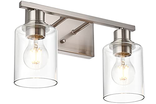 Modern Bathroom Vanity Light,2 Light Industrial Wall Sconces in Brushed Nickel Finish Indoor Metal Base Wall Mounted Fixture with Clear Glass Shade - color: Brushed Nickel, size: 2 Light