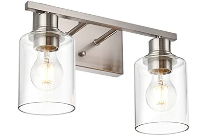 Modern Bathroom Vanity Light,2 Light Industrial Wall Sconces in Brushed Nickel Finish Indoor Metal Base Wall Mounted Fixture with Clear Glass Shade - color: Brushed Nickel, size: 2 Light