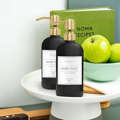Vine Creations Black Glass Soap Dispenser, 2 Pack Kitchen Soap Dispenser Set with Stainless Steel Pump, 16 oz Dish Soap and Hand Soap Dispensers for Bathroom with Waterproof Labels - color: Matte Black Bottle / Brushed Gold Pump