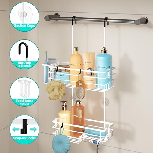 HapiRm Hanging Shower Caddy Organizer - No Drilling Shower Shelves with Hooks and Toothbrush Holder, Rustproof 304 Stainless Steel Bathroom Organizer - White - color: White