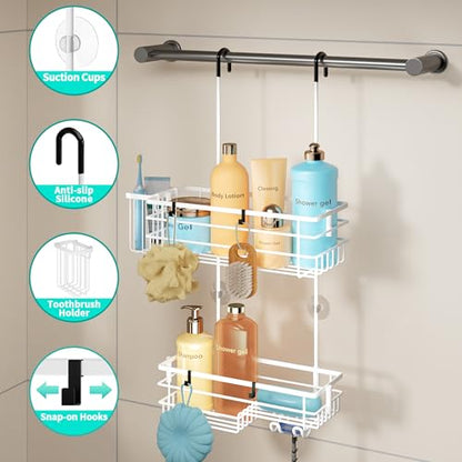 HapiRm Hanging Shower Caddy Organizer - No Drilling Shower Shelves with Hooks and Toothbrush Holder, Rustproof 304 Stainless Steel Bathroom Organizer - White - color: White