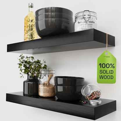 Solid Wood Floating Shelves for Wall 20 Inch Black, Wooden Bathroom Shelf | Real Wood, Heavy-Duty, Wall Mounted, Bedroom Kitchen Living Room, Rustic, Black Finish, 20W x 6.7D, Set of 2 - color: Black, size: 20 Inch