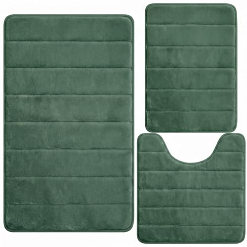 Bathroom Rugs Set 3 Piece, Memory Foam Bath Rugs, Non Slip Washable Bathroom Rug Set, Extra Soft Absorbent Bath Mats with U-Shaped Toilet Rug, Dark Green - color: Dark Green