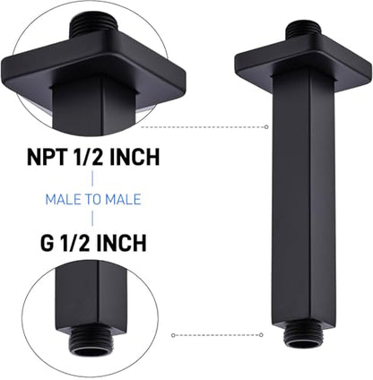 Matte Black Square Shower Arm with Flange, Ceiling Mount Straight Shower Head Extension Arm, Stainless Steel, 4 Inch - color: Matte Black, style: 4-Inch