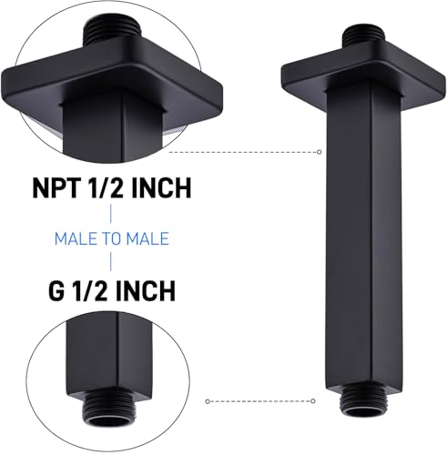 6 Inch Shower Arm with Flange Matte Black, Square Ceiling Mount Extension Arm for Rainfall Shower Heads, Straight, Male NPT 1/2" to G 1/2" - color: Matte Black, style: 6-Inch