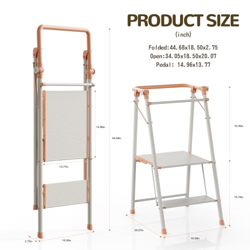 Foldable Toddler Tower, 2-in-1 Alloy Steel Kids Kitchen Step Stool & Adult 2-Step Ladder, Folding Kitchen Tower with Removable Safety Rail, Anti-Slip Steps for Kitchen & Bathroom - color: Peach Fuzz & White