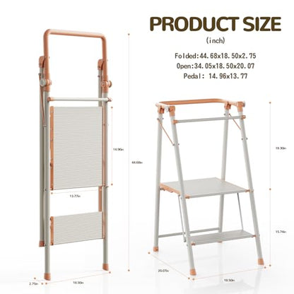 Foldable Toddler Tower, 2-in-1 Alloy Steel Kids Kitchen Step Stool & Adult 2-Step Ladder, Folding Kitchen Tower with Removable Safety Rail, Anti-Slip Steps for Kitchen & Bathroom - color: Peach Fuzz & White