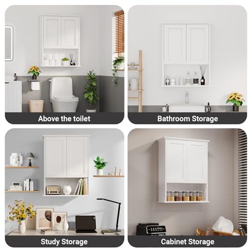 Batheoom Wall Cabinet, Bathroom Storage Cabinet Over Toilet, Medicine Cabinet with 2 Door and Adjustable Shelves, Wall Mount Bathroom Cabinet for Bathroom, Kitchen(White)
