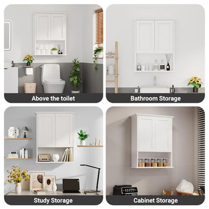Batheoom Wall Cabinet, Bathroom Storage Cabinet Over Toilet, Medicine Cabinet with 2 Door and Adjustable Shelves, Wall Mount Bathroom Cabinet for Bathroom, Kitchen(White)
