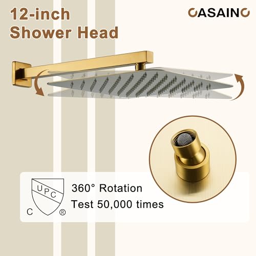 CASAINC 12 Inch Rain Shower Head with Handheld, Brushed Gold Thermostatic Shower System, Wall Mount Rainfall Shower System with Body Jets, 3-Functions Shower System with Thermostatic Valve - color: Brushed Gold, style: Style A