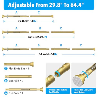 Shower Curtain Rod Gold Tension Rod 36 to 63 Inch Spring Curtain Rod Shower rod Non Slip shower curtain rod 1pcs for Windows No Drilling Adjustable Tension Rods of Curtain Window Closet Kitchen - color: Gold, size: 30-64 inch 1pcs