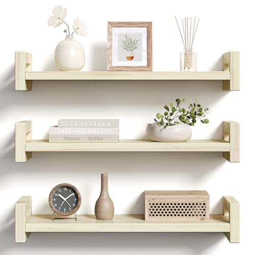 Vailando Floating Shelves for Wall, Set of 3 Solid Wood Wall Mounted Shelves, 16" Rustic Poplar Display Shelf for Bedroom, Living Room, Bathroom, and Kitchen Decor - Heavy-Duty & Natural Pine - color: Poplar White, size: 16 inch