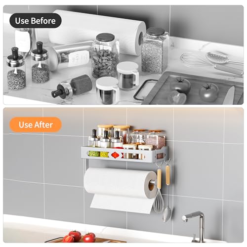 Wall Mount Paper Towel Holder with Shelf for Bathroom Kitchen,Silver 2Hooks | Metal Spice Rack, Easy One-Hand Tear Design Mounted Hanging Hand Paper Towel Roll Holder for RV, Home(Self Adhesive or Drill) - color: Silver
