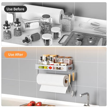 Wall Mount Paper Towel Holder with Shelf for Bathroom Kitchen,Silver 2Hooks | Metal Spice Rack, Easy One-Hand Tear Design Mounted Hanging Hand Paper Towel Roll Holder for RV, Home(Self Adhesive or Drill) - color: Silver