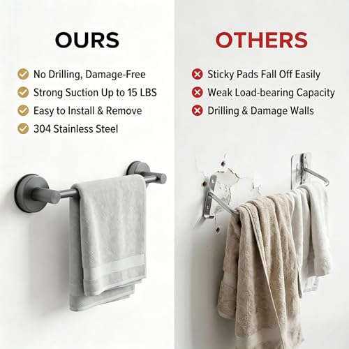 Suction Cup Towel Bar for Bathroom, Adjustable 14.6-24 inch | No Drill Towel Rack, Heavy Duty Stainless Steel Wall Mounted Towel Holder (Grey) - color: Grey