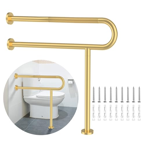 Toilet Support Rail 32 Inch, Munzong Anti-Slip Gold Handicap Grab Handrail | Bathroom Stainless Steel Floor Rails Knurled Safety handrails with Leg for Elderly Disabled Pregnant-1.25’Tube - color: Gold, size: 32 Inch