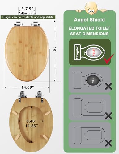 Angol Shiold ELONGATED Bamboo Toilet Seat Quick Release Soft Close18.5Inch | Adjustable Zinc Alloy Strong Hinges, Light, Easy to Install & Clean, Up to 400 lbs (Elongated 18.5", Natural Bamboo) - color: Soft Close & Quick Release, size: Elongated -18.5"