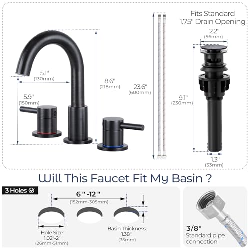 2-Handle Widespread Bathroom Sink Faucet 3 Hole, Oil Rubbed Bronze | Lead-free stainless steel, pop-up drain, Detachable faucet aerator, 360°swivel, for RV & vanity sink 3-hole mount - color: 1-Oil Rubbed Bronze, style: 8 Inch Widespread