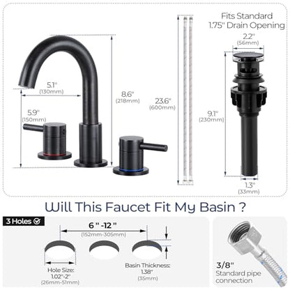 2-Handle Widespread Bathroom Sink Faucet 3 Hole, Oil Rubbed Bronze | Lead-free stainless steel, pop-up drain, Detachable faucet aerator, 360°swivel, for RV & vanity sink 3-hole mount - color: 1-Oil Rubbed Bronze, style: 8 Inch Widespread