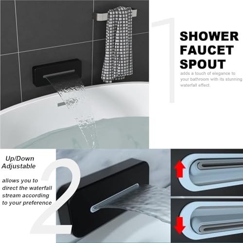 Enga Dual Rain Shower System with Up/Down Waterfall Bathtub Spout, Ceiling Mount 14 x 20 Inch LED Shower Head Rainfall Shower Faucet Set, Matte Black - color: Matte Black, style: 14X20" Led Shower - Tub Spout