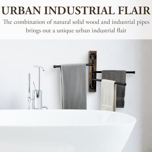 MyGift Wall Mount Swivel Towel Rack with 3 Tier Metal Pipe Bars & Wood Base | Swing-out design keeps towels organized and accessible while adding rustic industrial style to bathrooms, and pools areas - color: Burnt Wood / Black