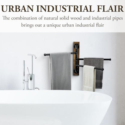 MyGift Wall Mount Swivel Towel Rack with 3 Tier Metal Pipe Bars & Wood Base | Swing-out design keeps towels organized and accessible while adding rustic industrial style to bathrooms, and pools areas - color: Burnt Wood / Black