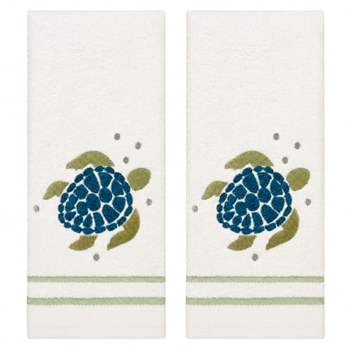 Coastal Beach Ocean Green Sea Turtle Bathroom Hand Towels, Set of 2, 16x25 | Embroidered Sea Turtles in shades of Aqua, Teal, & Turquoise on White, Perfect Beach Lake Seaside Bath or Kitchen Décor - color: Green Turtle Tip