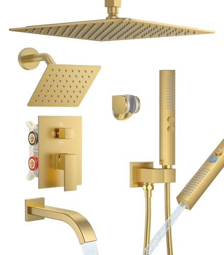 Rain Shower System with Rough-in Valve, Ceiling Mount Shower Faucet Set with 12" & 6" Dual Rain Shower Heads, 2-in-1 Handheld Shower, Tub Spout, 4-Function Complete Shower Fixture,Brushed Gold - color: Brushed Gold, size: Ceiling Mount-12"+6" head with Tu