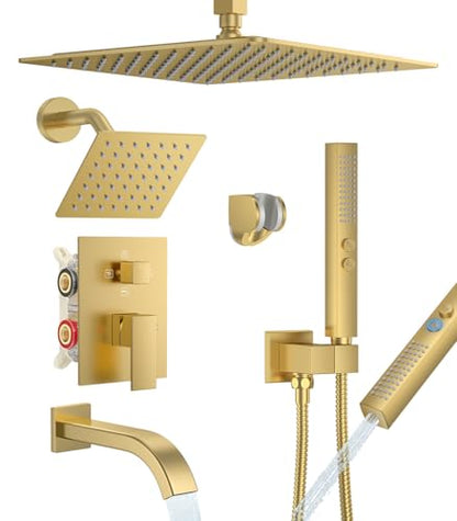 Rain Shower System with Rough-in Valve, Ceiling Mount Shower Faucet Set with 12" & 6" Dual Rain Shower Heads, 2-in-1 Handheld Shower, Tub Spout, 4-Function Complete Shower Fixture,Brushed Gold - color: Brushed Gold, size: Ceiling Mount-12"+6" head with Tu