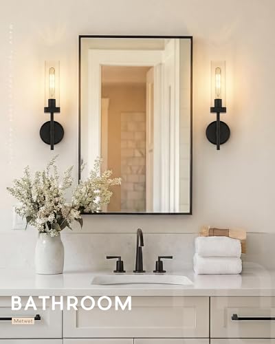 Set of 2 Matte Black Bathroom Wall Sconces with Square Clear Glass | Modern bathroom vanity light fixtures, upward-only mount, E26 base, hardwired, bulbs not included, 2-pack, VL262-MB-2PK - color: Black-Square Clear Glass, 2-Pack