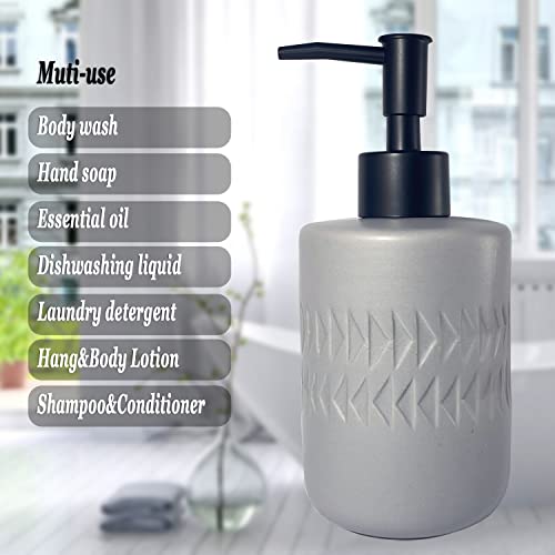 Gray Soap Dispenser with Matte Black Pump for Bathroom,Cylindrical Lotion Dispenser,12oz Ceramic Relief Hand Dish Soap Dispenser,Refillable Liquid Dispenser for Kitchen (Relief Gray) - color: Relief Gray