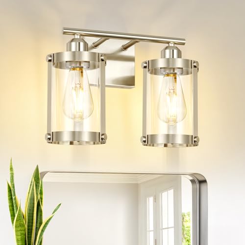 2-Light Brushed Nickel Bathroom Light Fixtures, 13.8 Inch Modern Bathroom Vanity Lighting Fixtures Over Mirror with Clear Glass and Metal Cage Wall Sconce Lights for Bath, E26, OS-3014BN-2W - color: Nickel + Clear Glass, size: 2-Light, 13.8" L