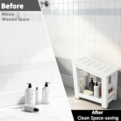White Bamboo Shower Foot Rest for Shaving Legs, Water-Resistant Pedicure Foot Stool with Lower Storage Shelf, Compact Bathroom Shaving Step for Shower and Bath - color: White