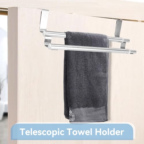 Kitchen Retractable Towel Holder, Stainless Steel Adjustable Double Over Cabinet Door Drying Kitchen Towels Hanger Bar Rack for Homes, Apartments, Condos Bathroom or Kitchen