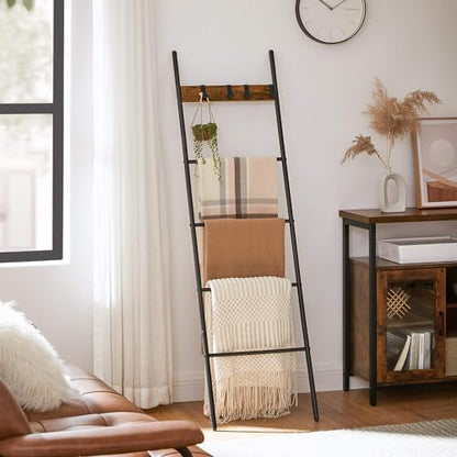 VASAGLE Blanket Ladder, 5-Tier Ladder Shelf, Decorative Ladder with 4 Removable Hooks, Metal Frame, Industrial Style, Rustic Brown and Black ULLS016B01