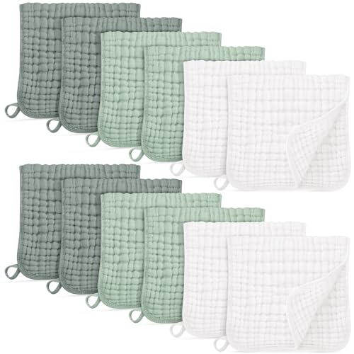 Unnivoll Muslin Burp Cloths for Baby 100% Cotton Burping Cloths for Boys Girls Large 20''X10'' Extra Soft and Absorbent 12 Pack - White and Green - color: White and Green, size: 12 Pack