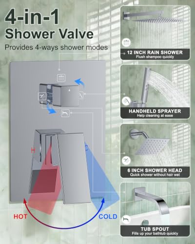 Rain Shower System with Rough-in Valve, Wall Mount Shower Faucet Set with 12" & 6" Dual Rain Shower Heads, 2-in-1 Handheld Shower, Tub Spout, 4-Function Complete Shower Fixture, Chrome - color: Chrome, size: Wall Mount-12"+6" head with Tub Spout & Handhel