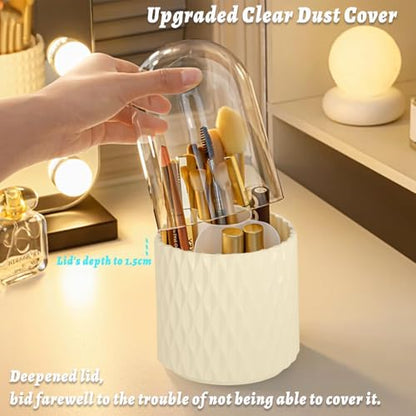 360°Smooth Rotating Makeup Brush Holder with Dustproof Lid Spinning Vanity Organizer for Beauty Lipstick Perfume,Brushes Storage Container,Countertop,Dressing Table,Bathroom Desk (White)