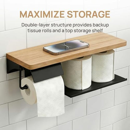 Toilet Paper Holder with Shelf - 2 Tier Wood Toilet Paper Holder Wall Mount for Bathroom, Rustic Natural Wood Double Toilet Paper Holder, Smart Bathroom Organizer with Shelf
