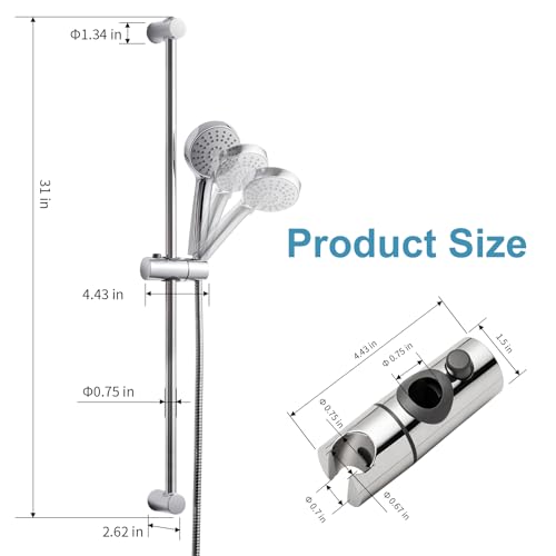 OFFO Shower Slide Bar Combo, Adjustable 31 in Slide Bar with 3-Mode Round Handheld Shower Head and 60 in Stainless Steel Hose, Screw Wall Mounted, Chrome Finish - style: Round 31" Slide Bar & 60" Hose