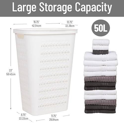 Mind Reader Slim Tapered Laundry Hamper with Lid, Clothes Basket with Swiss Cross Cut-Outs, Lightweight & Ventilated, Plastic, 16.75"L x 12.75"W x 23"H, White - color: White