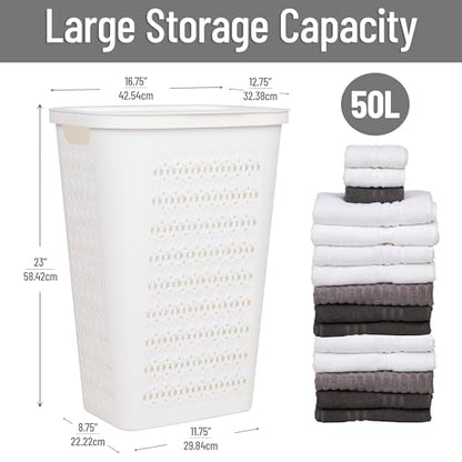 Mind Reader Slim Tapered Laundry Hamper with Lid, Clothes Basket with Swiss Cross Cut-Outs, Lightweight & Ventilated, Plastic, 16.75"L x 12.75"W x 23"H, White - color: White
