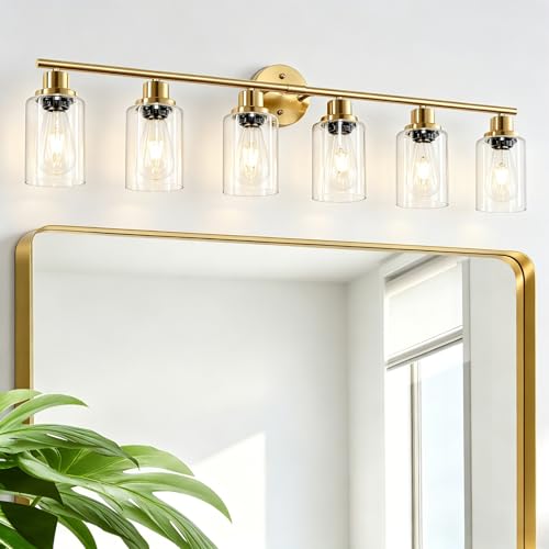 6-Light E26 Gold Bathroom Vanity Lights, Modern Bathroom Light Fixtures with Clear Glass Shade, Wall Lamps for Mirror Hallway Kitchen Cabinet Living Room Sconces Lights - color: Gold & Clear Glass Shade, size: 38.3 Inch : 6-Light