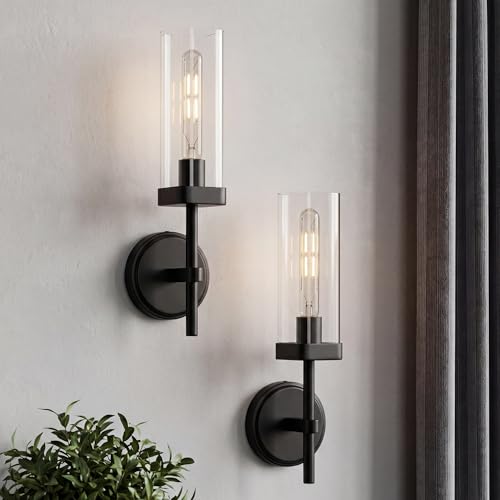 Set of 2 Matte Black Bathroom Wall Sconces with Square Clear Glass | Modern bathroom vanity light fixtures, upward-only mount, E26 base, hardwired, bulbs not included, 2-pack, VL262-MB-2PK - color: Black-Square Clear Glass, 2-Pack